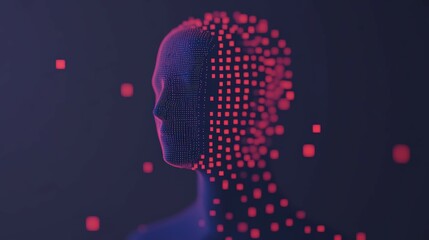 Abstract digital human silhouette formed by luminous dots and squares in a dark background symbolizing technology and innovation