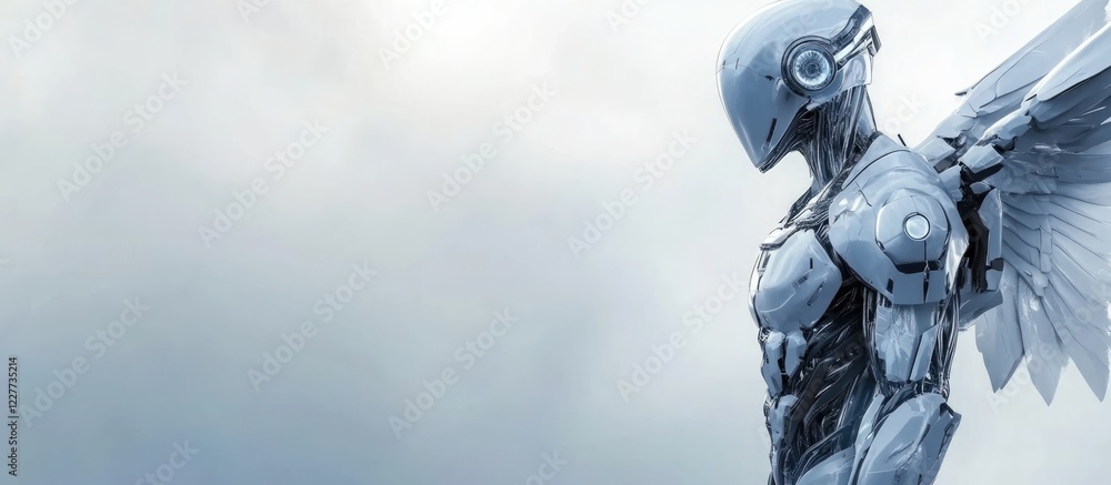 Poster futuristic silver winged figure against a soft cloudy background with space for text or graphic over