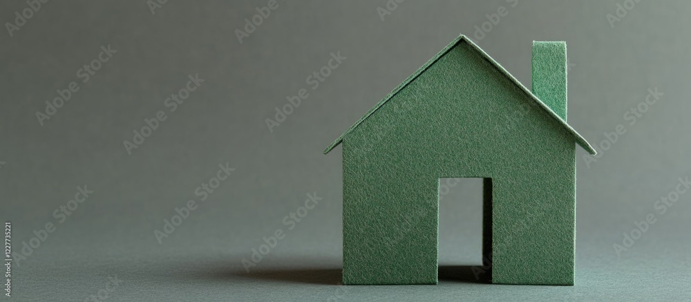 Poster front view of a green paper house model on a gray background with ample space for text and copy plac