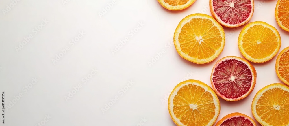 Poster vibrant slices of fresh citrus fruits on white background with space for custom text or design