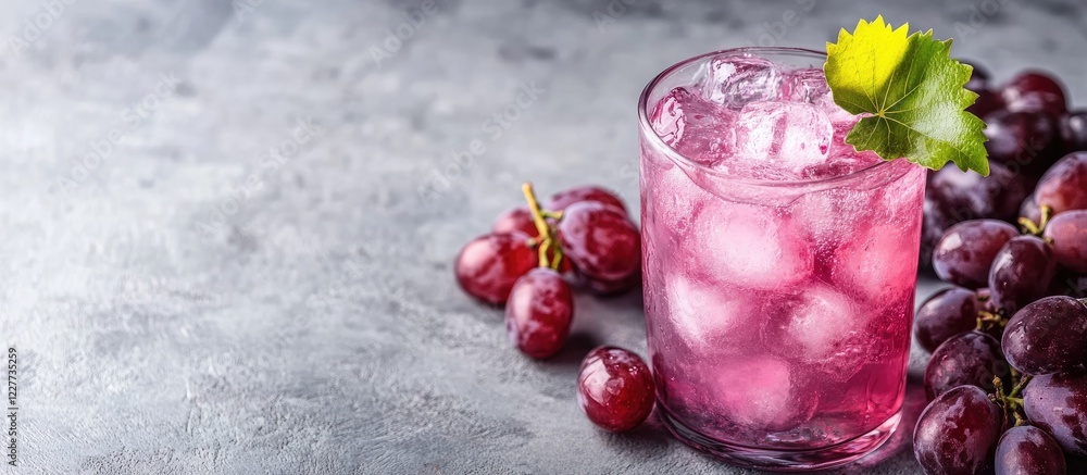 Poster refreshing grape juice cocktail served with ice and garnished with fresh grapes on a textured gray b