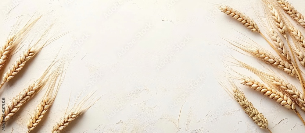 Poster wheat grains arranged artistically on a soft background with ample copy space for text or digital ov