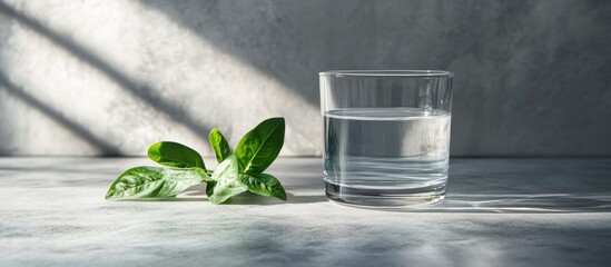Refreshing glass of water next to green plant on a concrete table promoting healthy lifestyle with space for text or branding