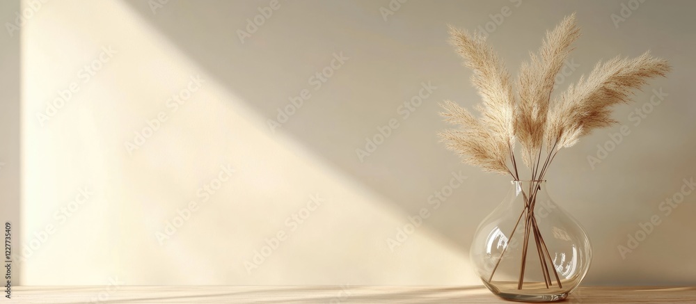 Poster elegant glass vase with pampas grass on minimalist table with empty background for text or design el