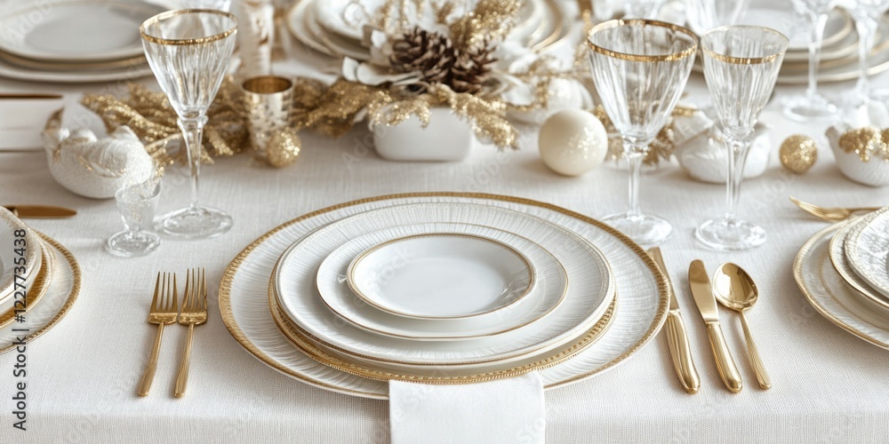Poster elegant holiday table setting featuring white and gold decor with empty space for text background id