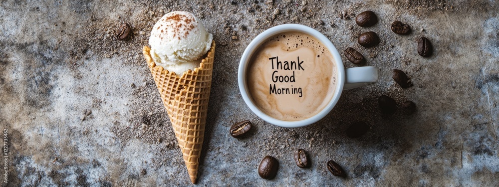 Poster coffee cup with thank good morning text beside waffle cone ice cream on rustic surface flat lay with