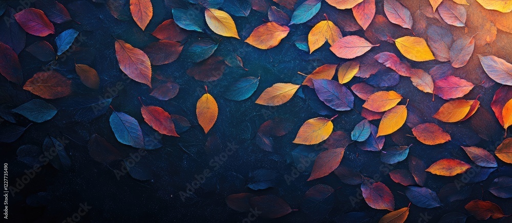 Poster autumn leaves glowing softly in twilight hues with dark background and ample copy space for text or 