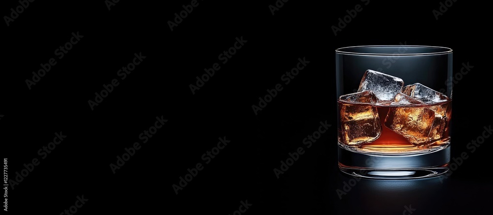 Poster whiskey glass with ice cubes on a black background offering ample space for text or branding in a st