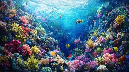 Naklejka premium Vibrant Coral Reef Teeming with Colorful Fish Beneath Clear Water
