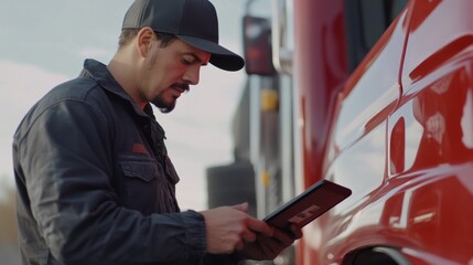 Truck Driver Reviewing Shipment Logs and Tracking Details Outdoors
