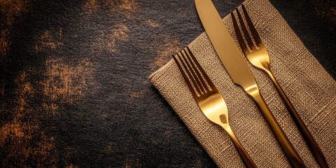 Elegant gold cutlery set on textured napkin with warm ambient lighting and ample copy space for dining or culinary advertising.