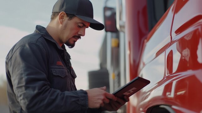 Truck Driver Reviewing Shipment Logs and Tracking Details Outdoors