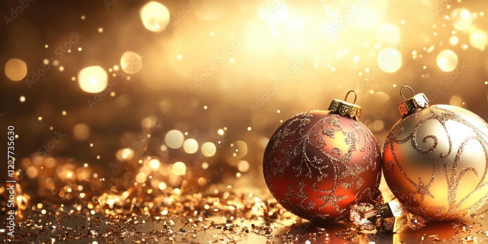 Poster elegant festive background featuring golden and red ornaments with bokeh lights and ample space for 