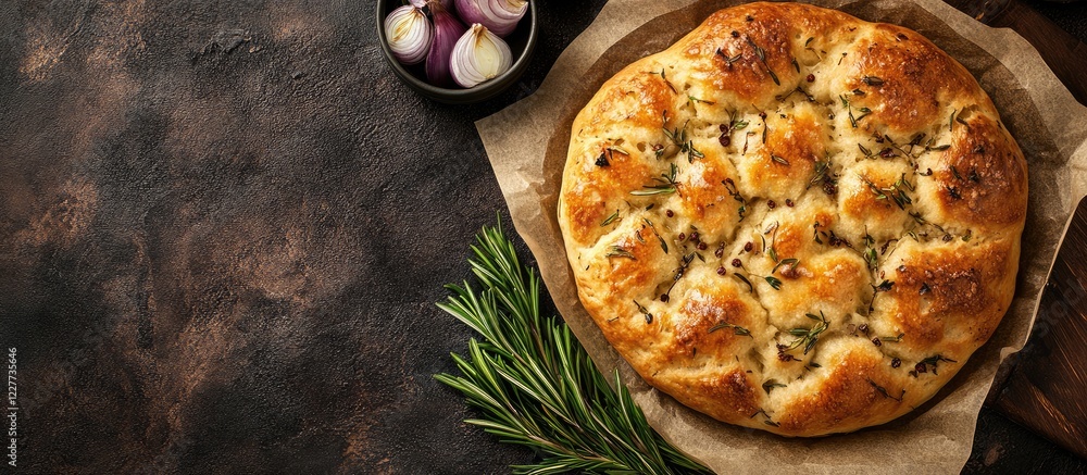 Poster focaccia bread with onion and fresh rosemary on dark rustic background with space for text or captio