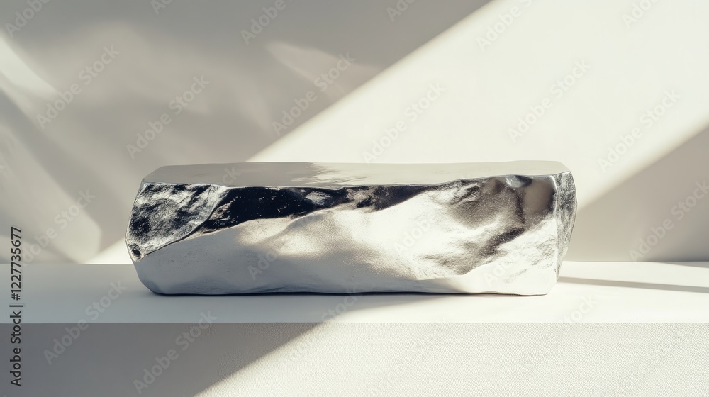 Poster sleek metallic block displayed on a clean white background with soft shadows highlighting its reflec