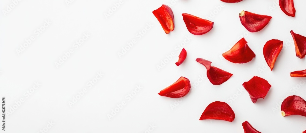 Poster freshly sliced red bell pepper pieces arranged artistically on a clean white background with ample s