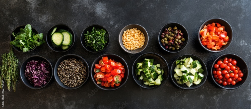 Aufkleber colorful fresh vegetables in black bowls arranged on a dark countertop with ample empty space for te