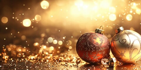Fototapeta premium Elegant festive background featuring golden and red ornaments with bokeh lights and ample space for text or holiday greetings.