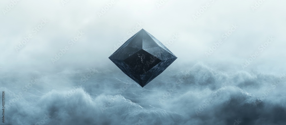 Poster foggy sea landscape with floating black diamond icon and ample copy space for text overlay in dramat