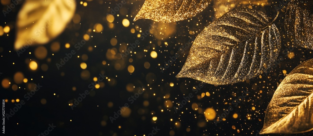 Poster elegant golden leaves with sparkles on black background ideal for text overlay and sophisticated des