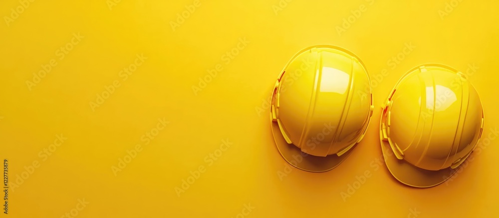Poster engineers collaborating on construction site with yellow hard hats and empty space for text conveyin
