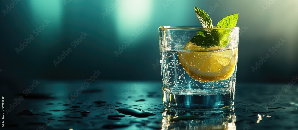 Poster refreshing glass of water with mint and lemon on a surface with empty space for text or graphic desi