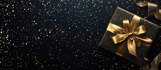 Elegant gift box adorned with golden ribbon against a shimmering background ideal for holiday invitations or promotional materials.