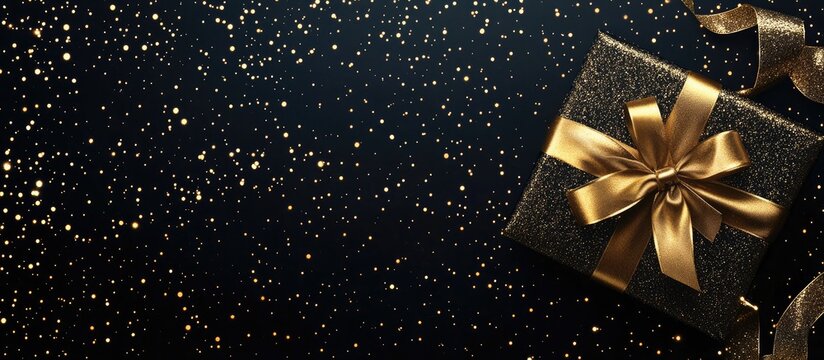 Elegant gift box adorned with golden ribbon against a shimmering background ideal for holiday invitations or promotional materials.