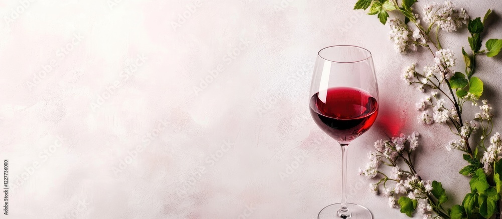 Poster red wine glass surrounded by flowers on light textured background with empty space for customizable 