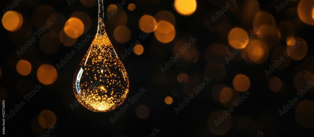 Aufkleber golden glittering water drop on a blurred black background with empty copy space for text or design 