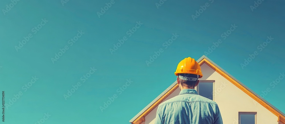 Poster engineer in helmet assessing house construction site with clear skies and ample space for text overl