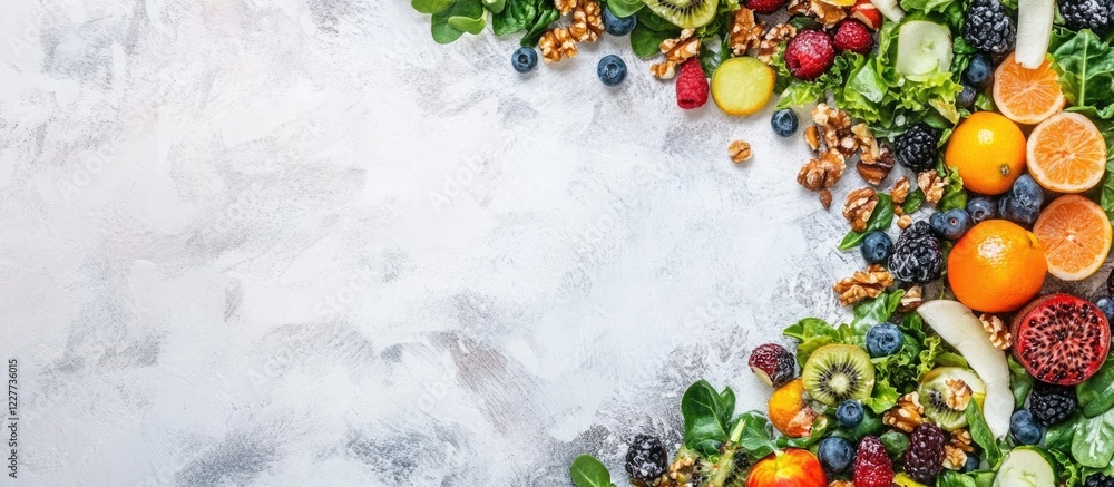 Poster colorful fresh salad with greens fruits nuts on a textured background with ample empty space for add