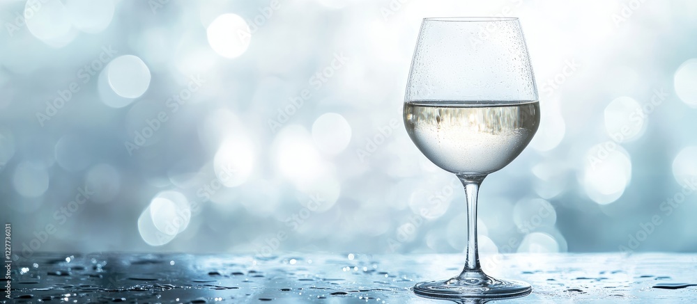 Poster elegant wine glass on a wet table reflecting soft white light creating a tranquil atmosphere with sp