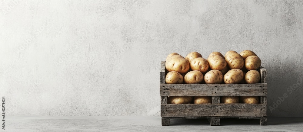 Poster freshly harvested potato tubers stored in a wooden crate on a textured background with ample empty s
