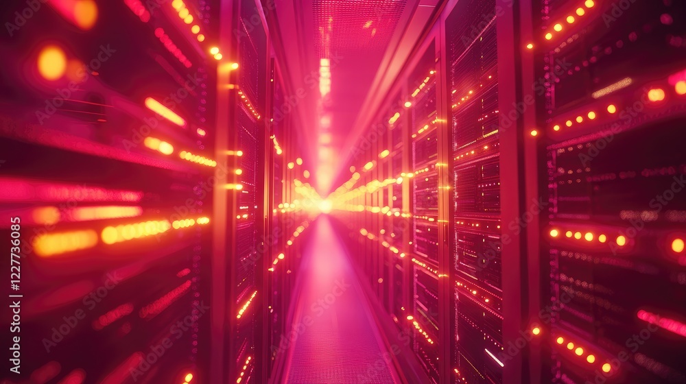 Poster futuristic data center illuminated by vibrant lights showcasing rows of advanced servers in a high-t