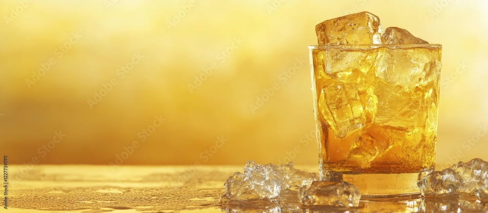 Poster glass of ice filled with yellow beverage on bar counter against a warm golden background with ample 