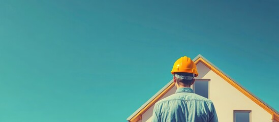 Engineer in helmet assessing house construction site with clear skies and ample space for text overlay on the right side