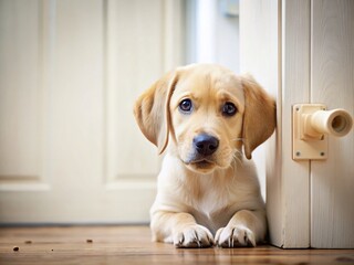 Cheeky Labrador Puppy Destroying Bathroom Door - Escape Attempt Stock Photo