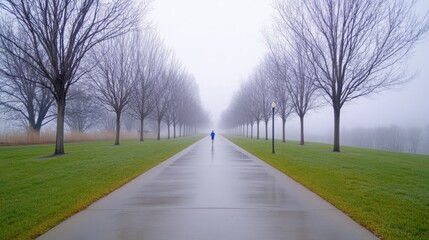 Fototapeta premium A wide-angle shot of a person jogging on a path lined with bare trees on a foggy morning
