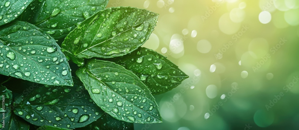 Poster fresh mint leaves with dew drops on a layered green background creating a serene and refreshing atmo
