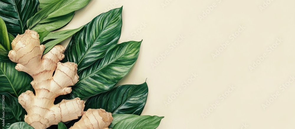 Poster fresh ginger roots surrounded by vibrant green leaves on a light background with ample space for add