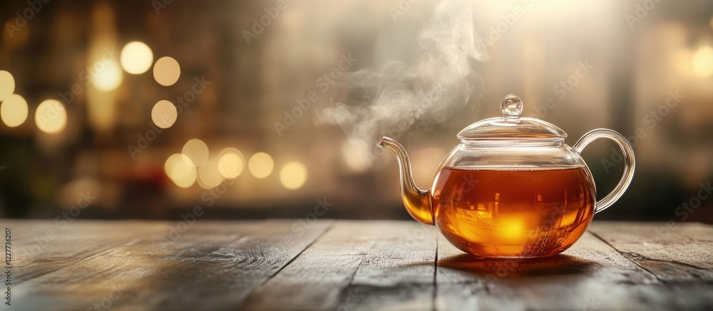 Poster glass teapot with steaming beverage on cafe table with soft lighting and empty space for your text o