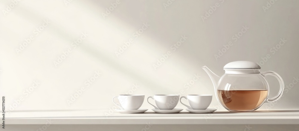 Poster elegant glass teapot with three matching teacups on minimalist table with soft light and copy space 