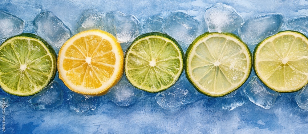 Poster frozen citrus slices in ice cubes on a cool blue background with ample space for text or branding el