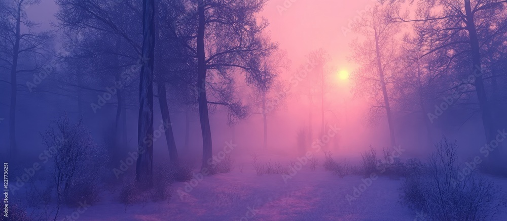 Poster foggy forest at sunset with high dynamic range and empty copy space for text for nature and landscap