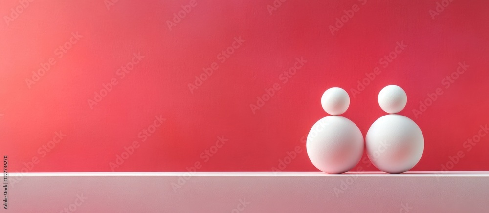 Poster minimalistic art display of two pink balls on plinth against vibrant red background with copy space 