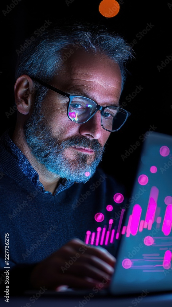 Poster close up of a man with glasses and a graying beard, reviewing data on a laptop at night. pink and pu