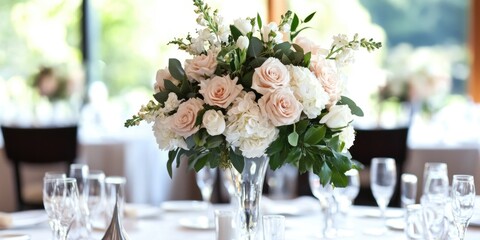 Elegant wedding floral centerpiece with blush roses and white blooms set against a softly blurred background ideal for text placement.