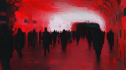 Abstract depiction of a busy urban tunnel with silhouettes of people in vibrant red and dark tones emphasizing motion and energy