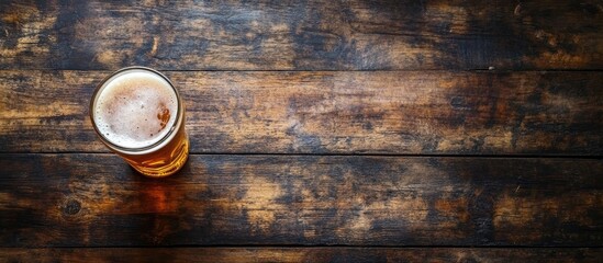 Friends Enjoying Cold Beer at Cozy Pub with Empty Space for Custom Text on Rustic Wooden Table
